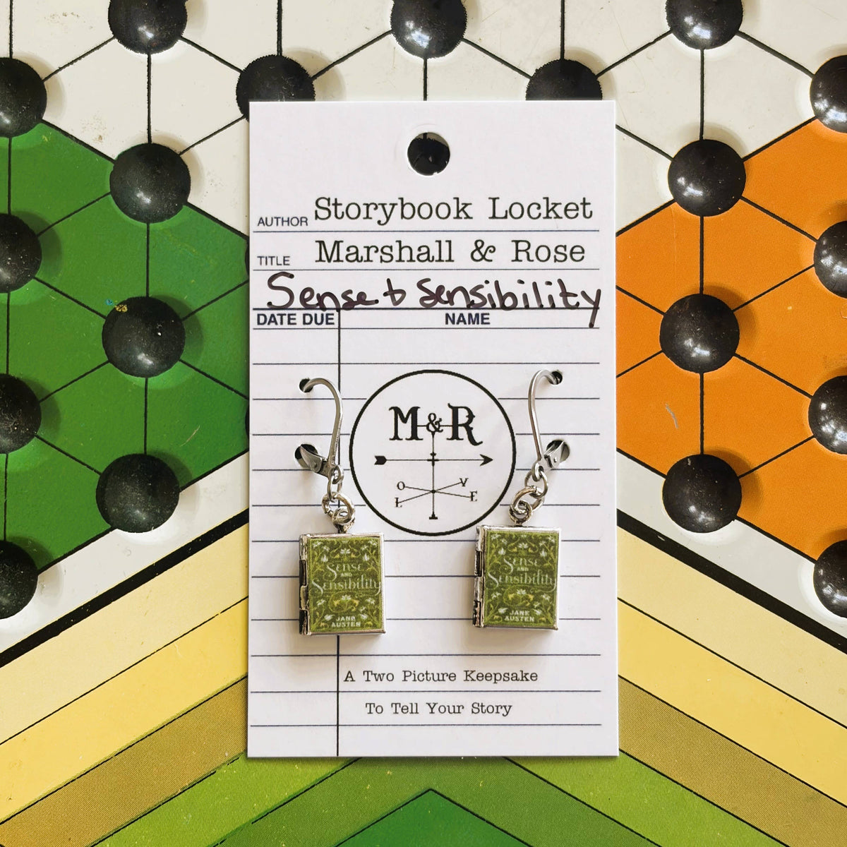 Book Locket Dangle Earrings - Sense and Sensibility - Green