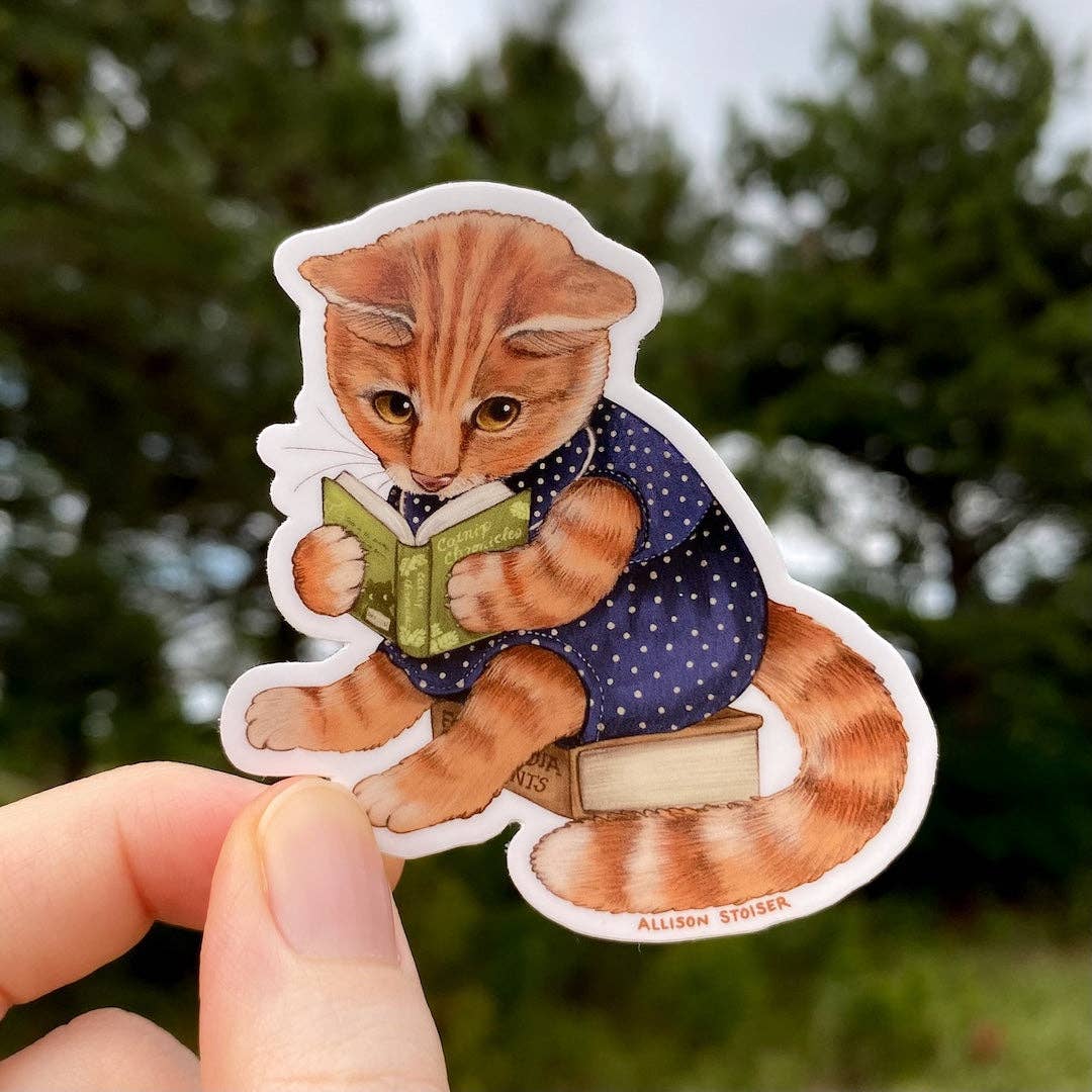 Fantasy-Loving Bookish Orange Cat Weatherproof Vinyl Sticker