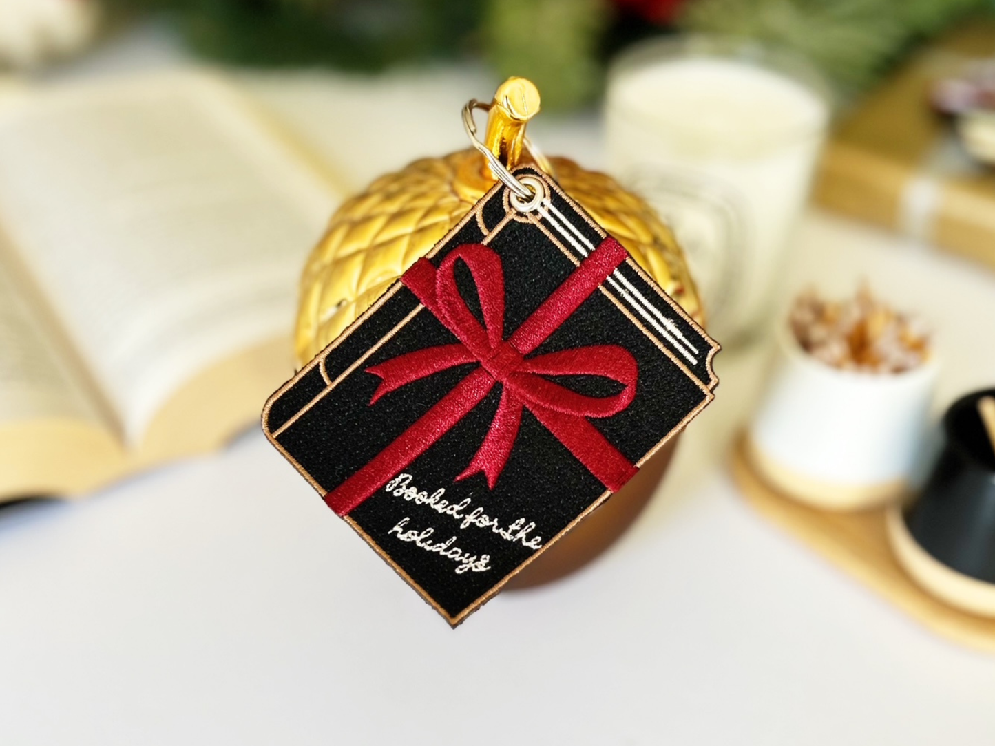 Embroidered Ornament, Keychain, and Gift Tag for Book Lovers