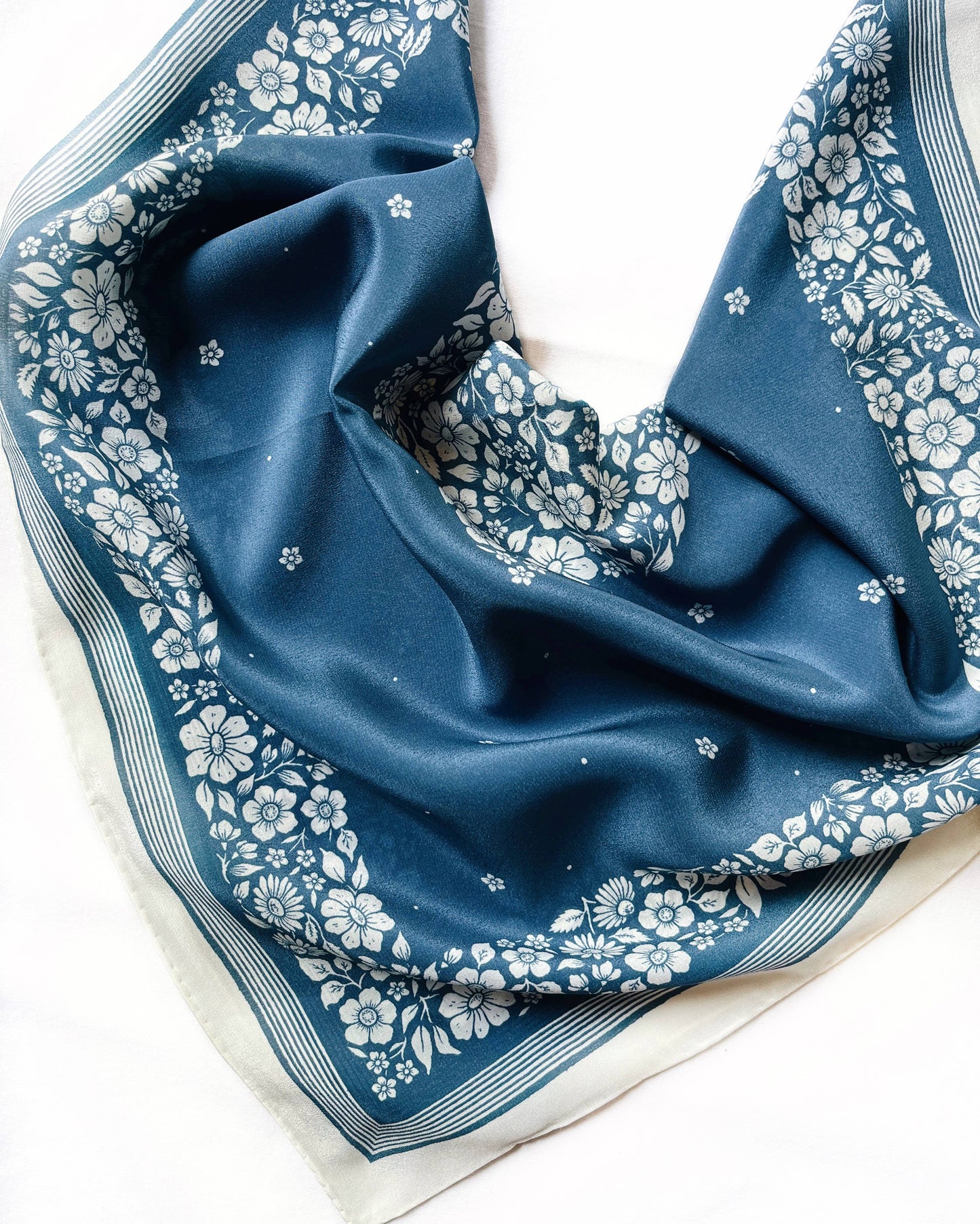 Floral Blue Western 100% Silk Bandana Scarf