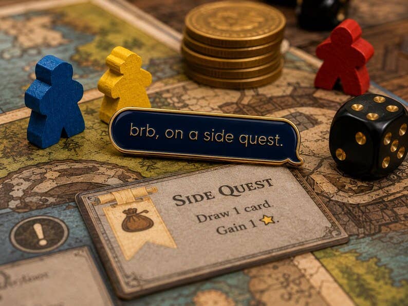 Side Quest Enamel Pin Navy Blue Gold Text Message Pin for Gamers and Book Lovers