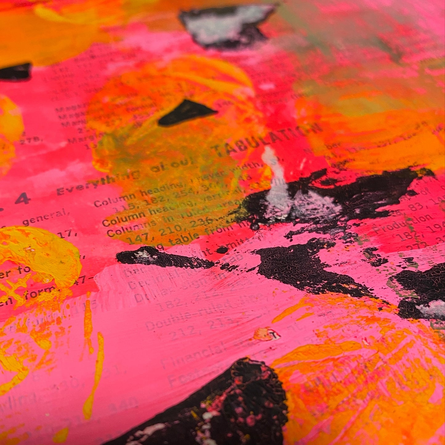 A bright pink background with yellow splotches and black triangles. An example page in an art journal.