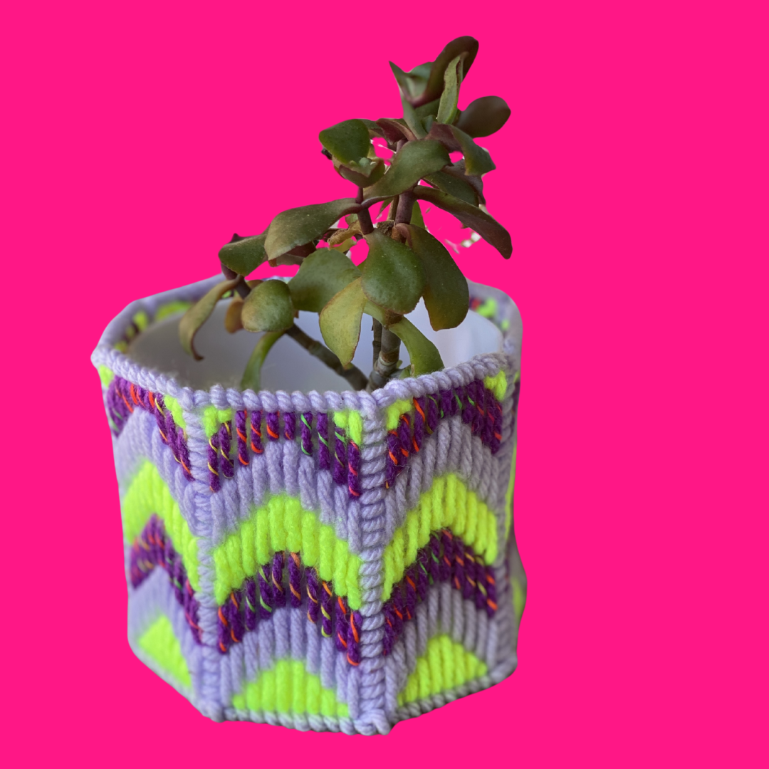 Neon green, purple and lavender needlepoint plant pot cover. Shown with a succulent inside & a hot pink background.