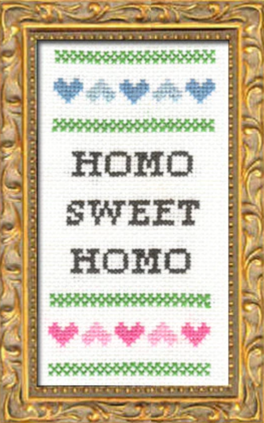 Finished cross stitch that says "Homo Sweet Homo." It is framed in an ornate gold frame.