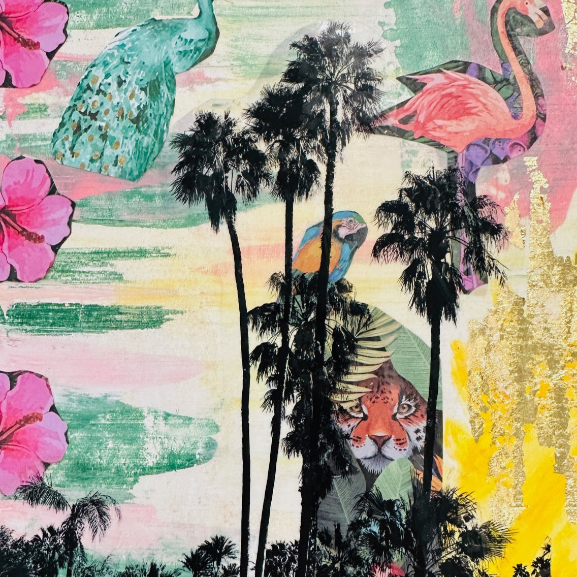 Example of a mixed media painting with black palm trees overlaid on top.