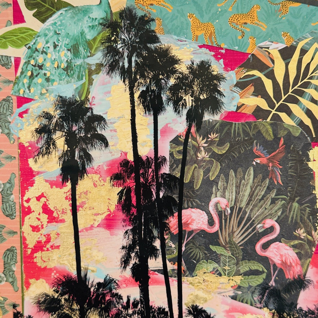 Example of a mixed media painting with black palm trees overlaid on top.
