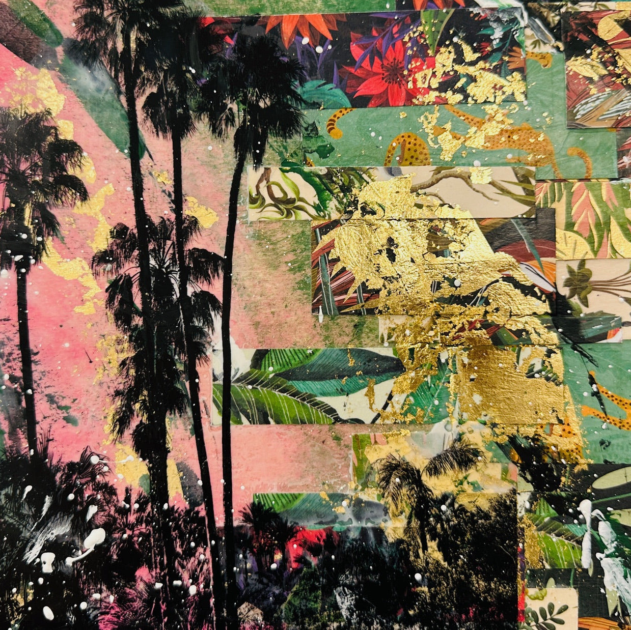 Example of a mixed media painting with black palm trees overlaid on top.