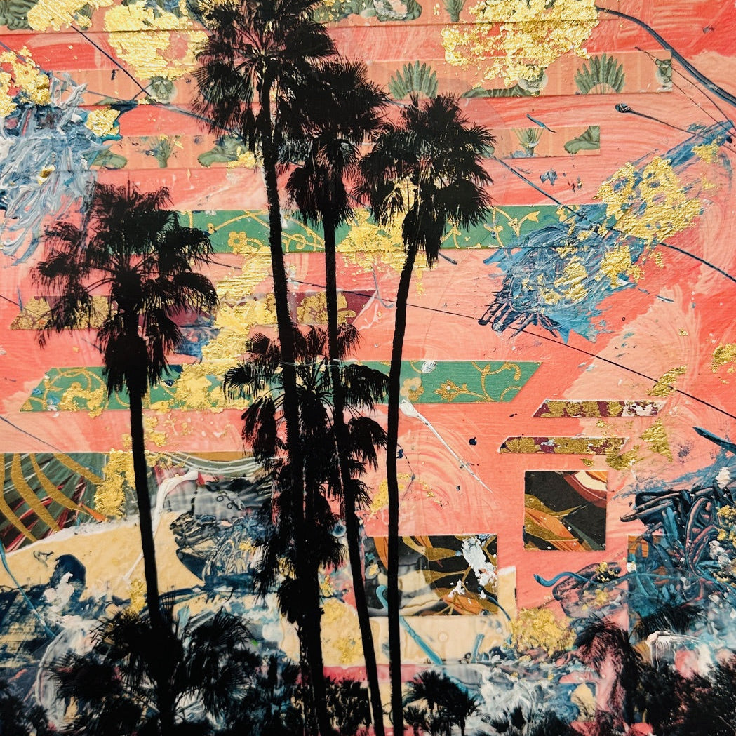 Example of a mixed media painting with black palm trees overlaid on top.