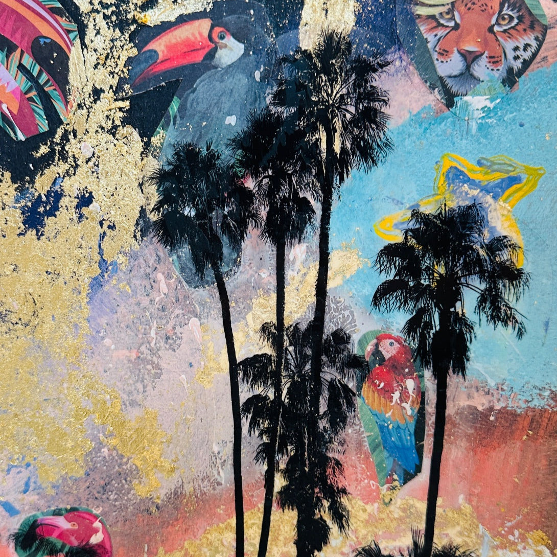 Example of a mixed media painting with black palm trees overlaid on top.