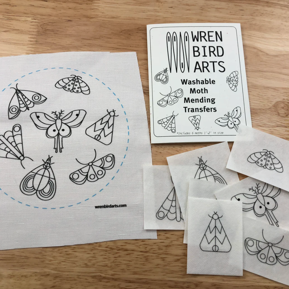 Examples of all the moth patterns included in the washable mending transfer pack.