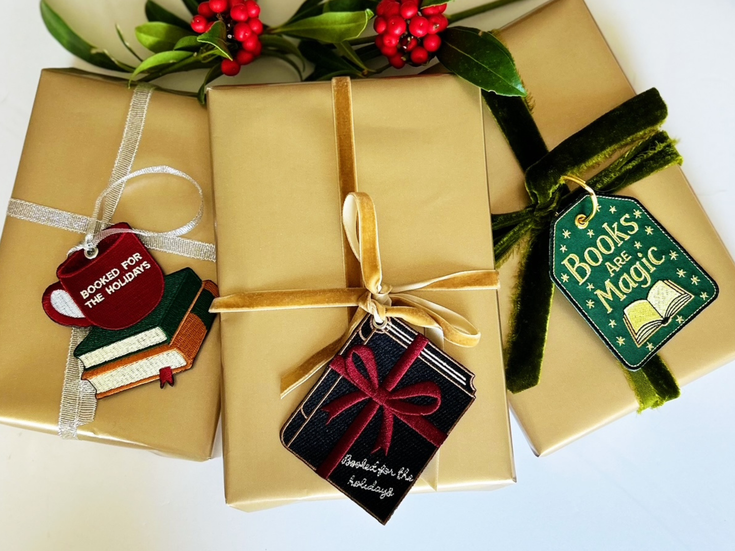 Embroidered Ornament, Keychain, and Gift Tag for Book Lovers