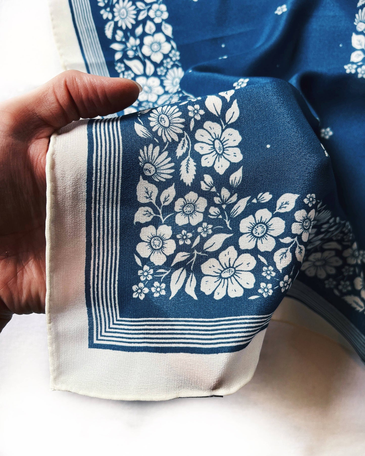 Floral Blue Western 100% Silk Bandana Scarf