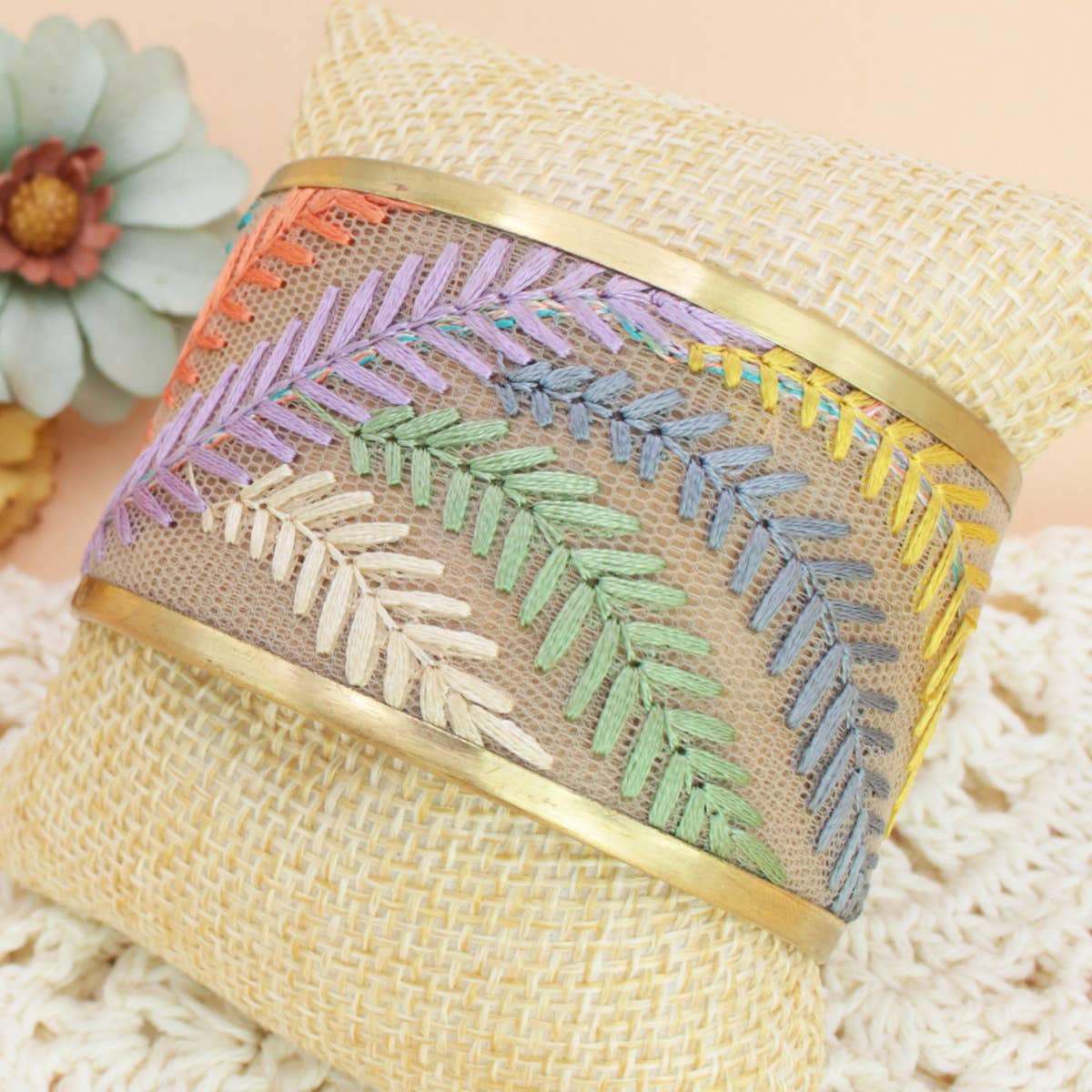 Pastel Ferns Embroidered Cuff Bracelet