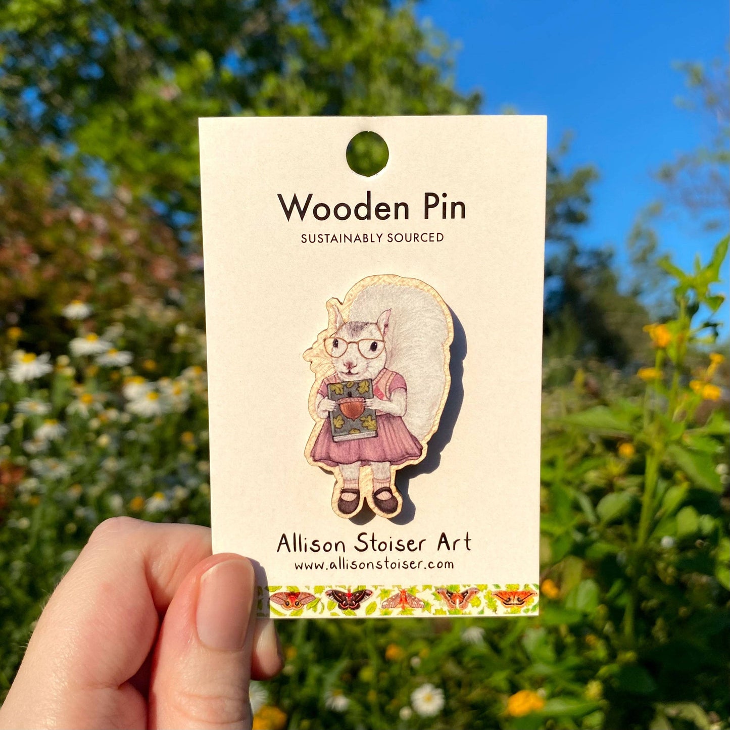 Bookish White Squirrel Wooden Pin (Sustainably Sourced)