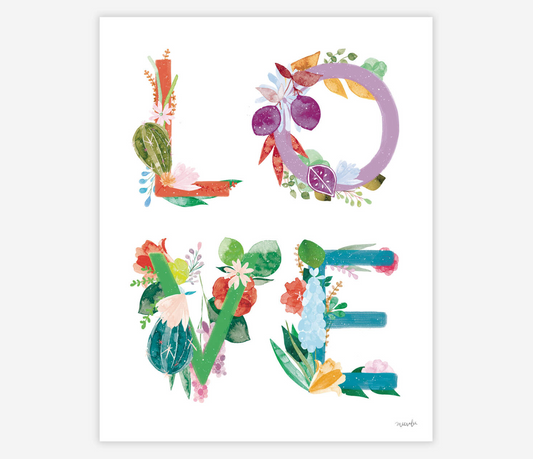 Greeting card with a white background. Love is spelled out in different florals.