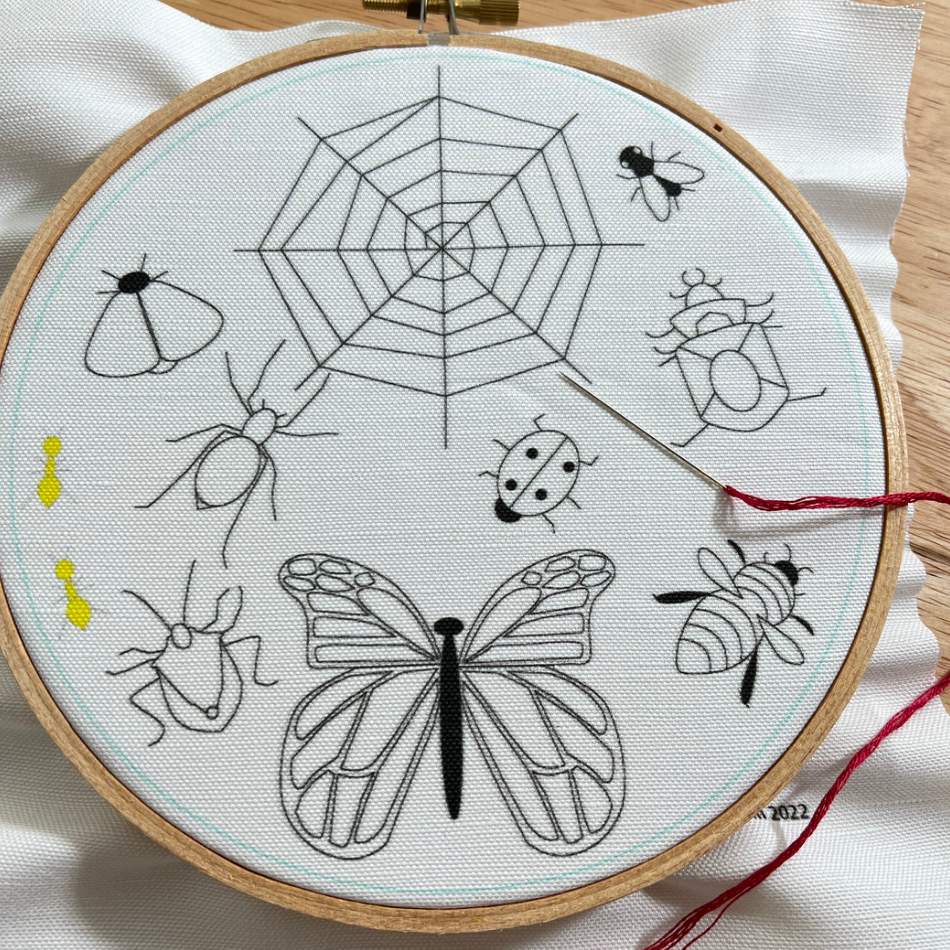 An embroidery hoop with each of the bug embroidery patterns on a white fabric.
