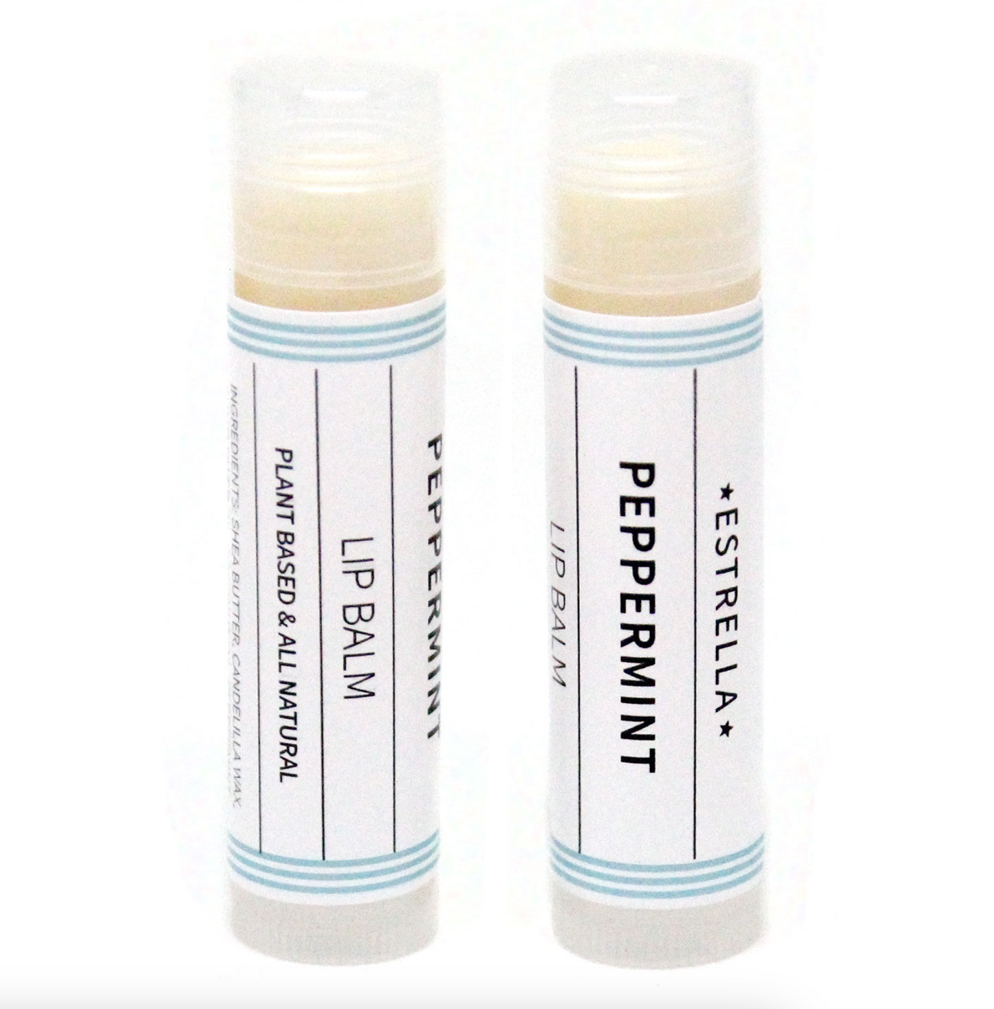 Two sticks of Estrella lip balm with peppermint flavor, set against a white background. The packaging is minimalistic with a predominantly white color and blue stripes.