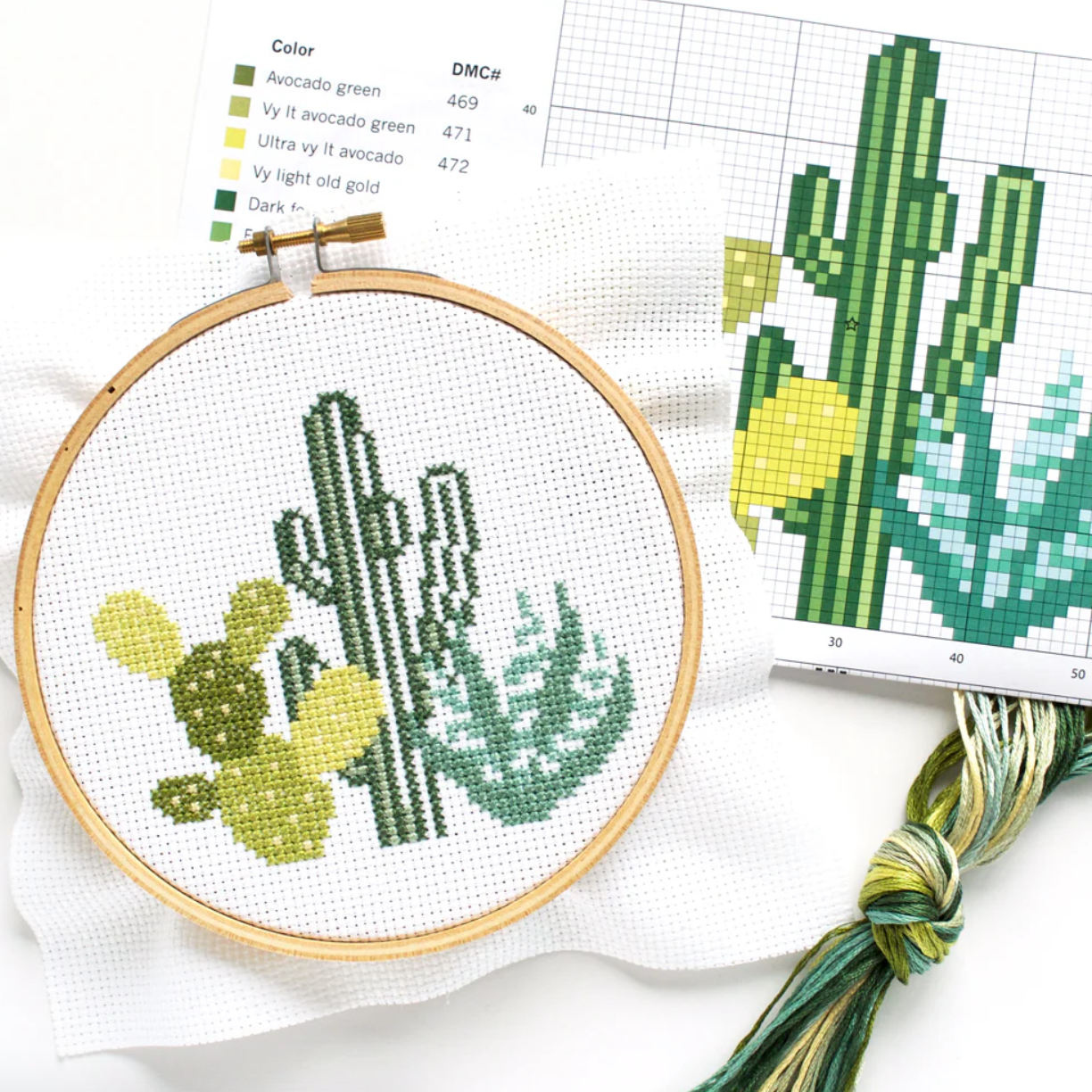 Cross-stitched cactus design in a hoop with embroidery floss and pattern chart on a white background