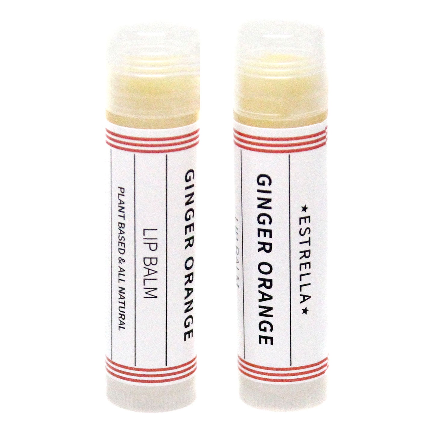 Two Estrella Ginger Orange handmade lipbalms. The label says theya re plant based and all natural.