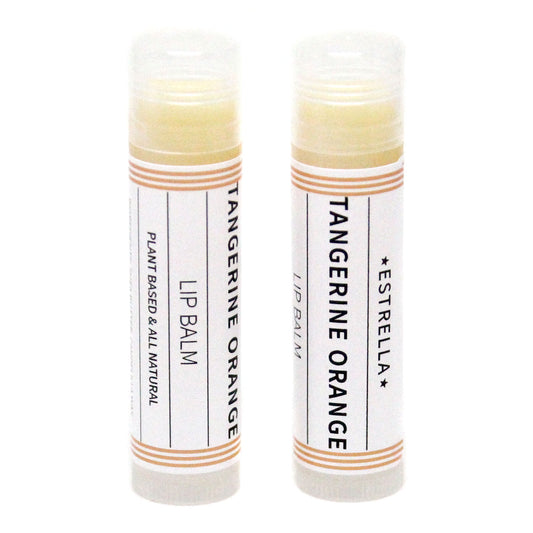 Two sticks of 'Tangerine Orange' lip balm by Estrella, displayed horizontally in clear packaging with orange and white labeling.