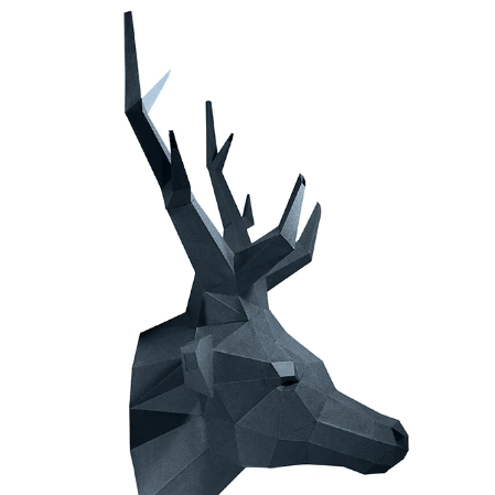 An example of the completed deer head in gray shown from the side. It is shown against a white background.