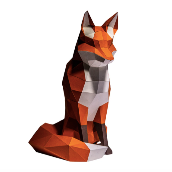 A completed sitting fox paper craft kit against a white background.