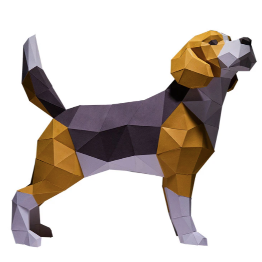 A completed beagle paper craft kit against a white background.
