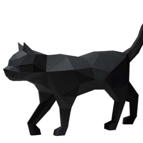 A completed black cat paper craft against a white background.