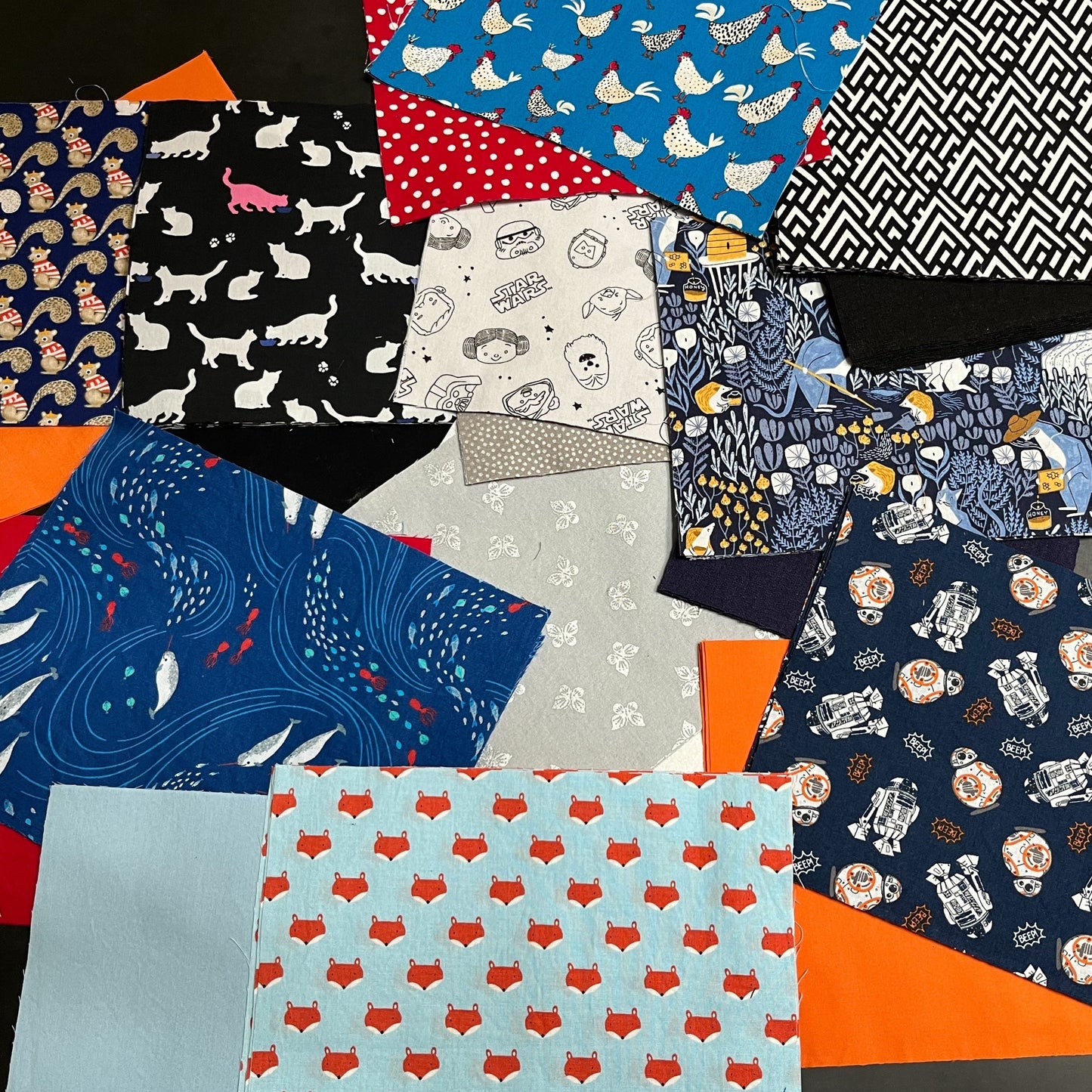Examples of fabric you can choose in the lined box bottom zipper bag class.