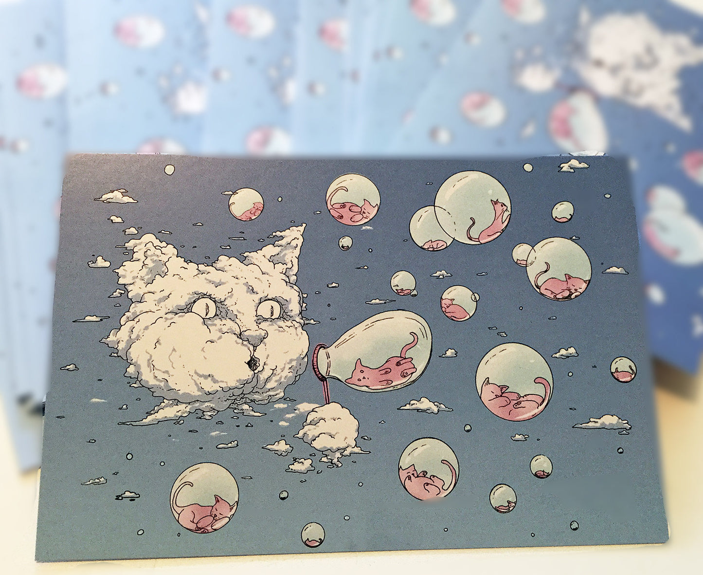Postcard: Bubble Cat - Blue - Ten Pack