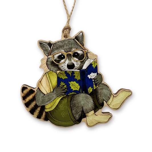 Bookish Raccoon Wood Print Ornament