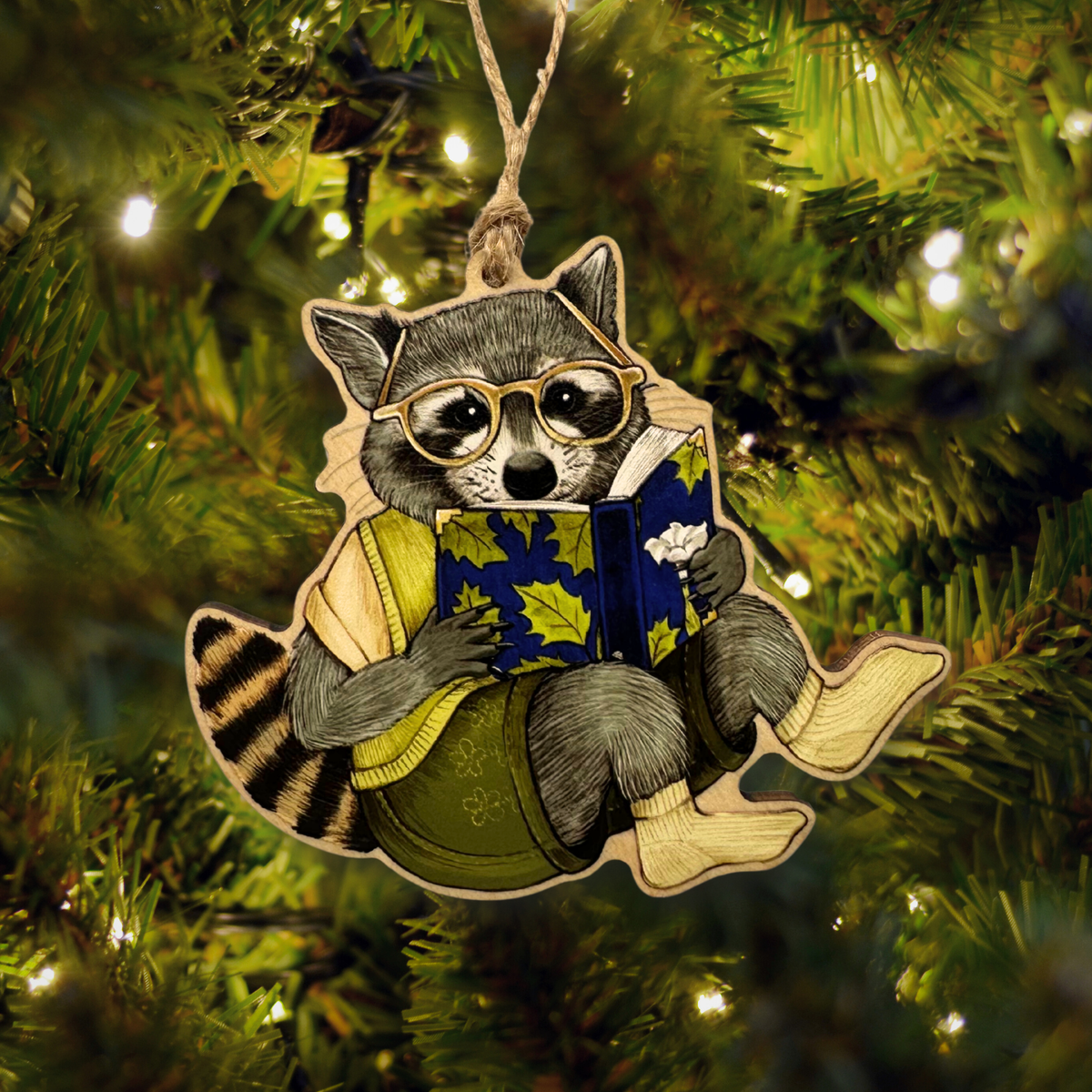 Bookish Raccoon Wood Print Ornament
