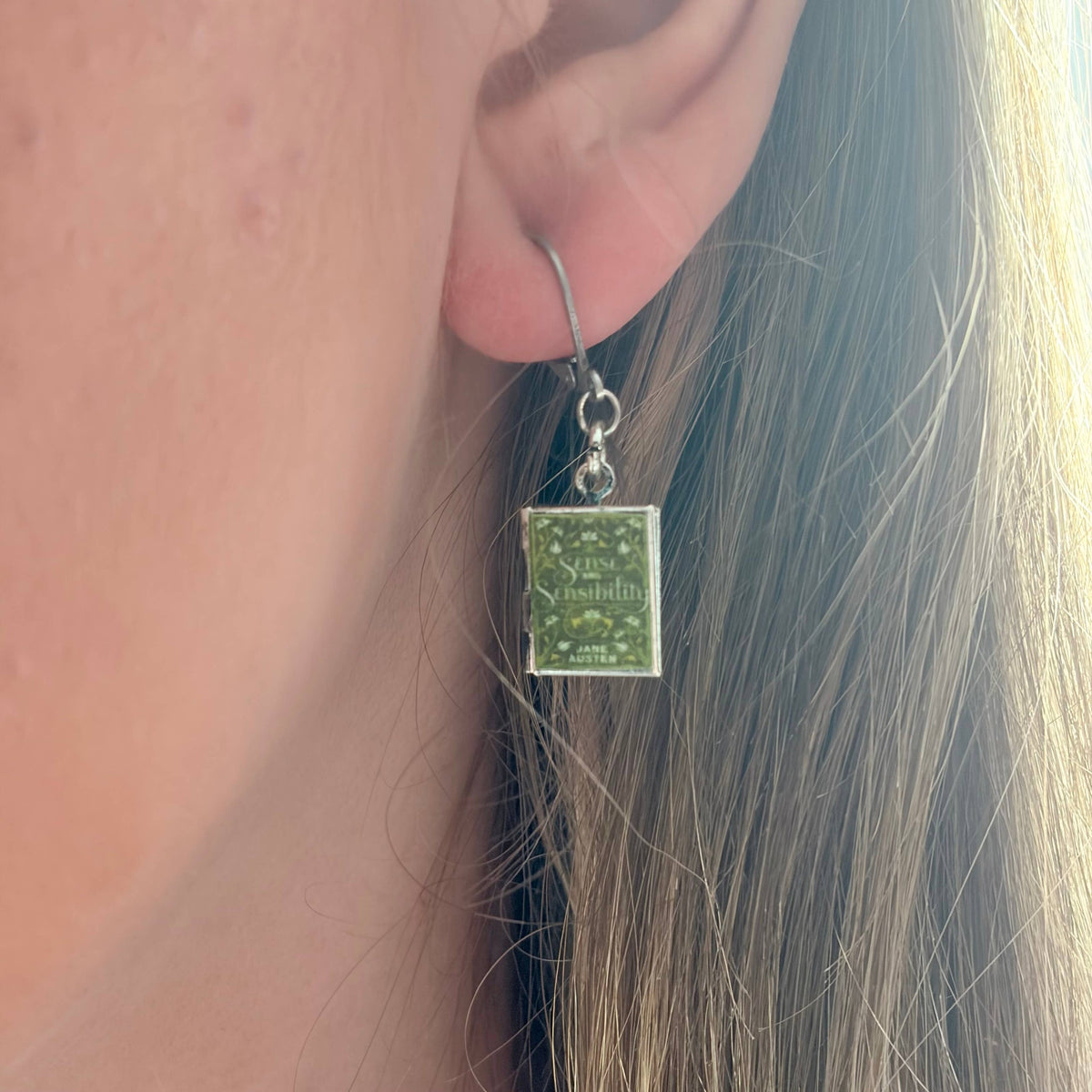 Book Locket Dangle Earrings - Sense and Sensibility - Green