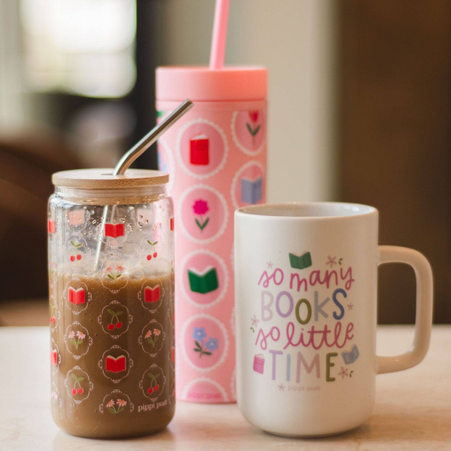 Book Lover Floral 16oz Skinny Acrylic Tumbler - Pink