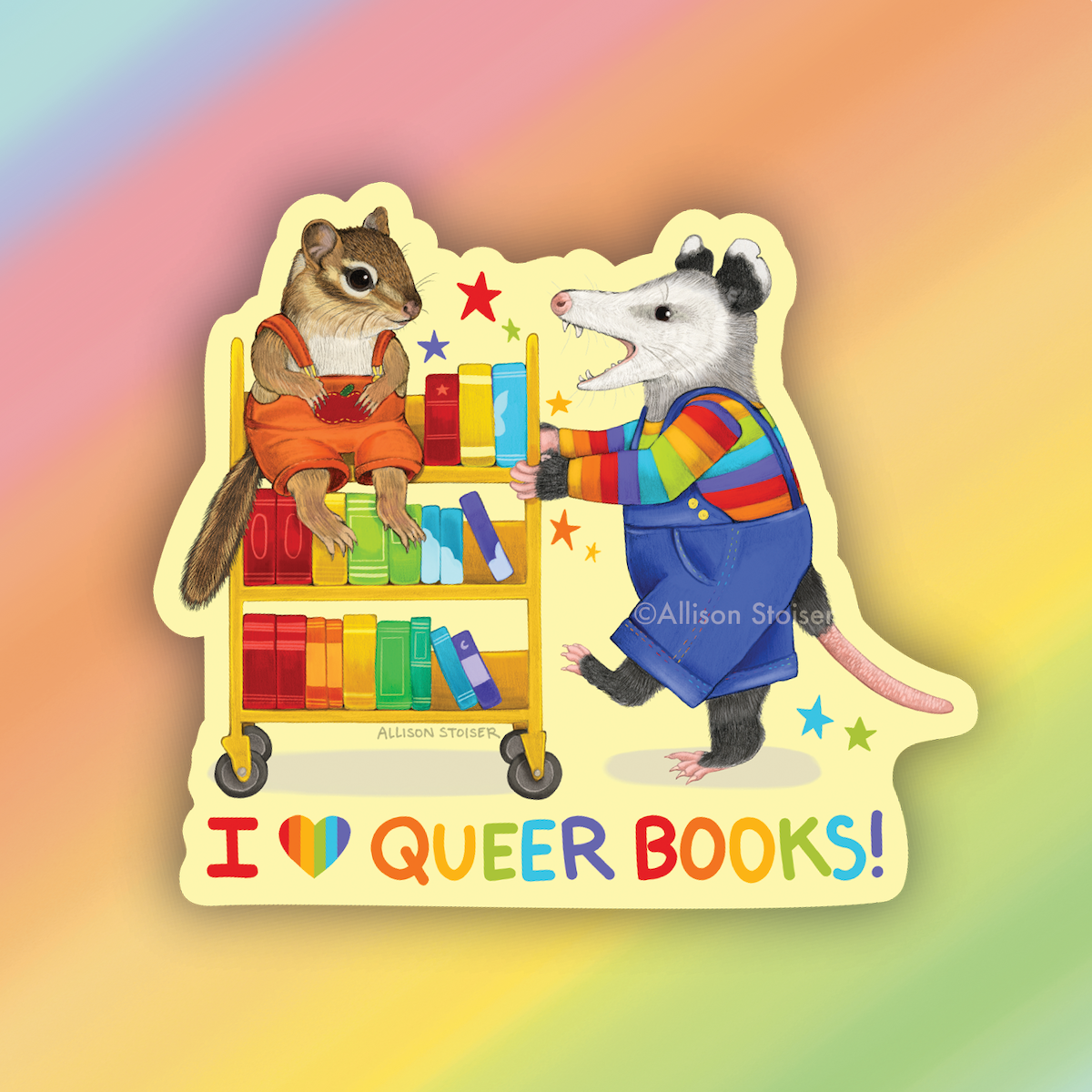 I ❤️ Queer Books Opossum and Chipmunk Weatherproof Vinyl Pride Sticker