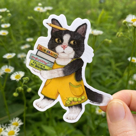 Craft-Loving Bookish Tuxedo Cat Weatherproof Vinyl Sticker