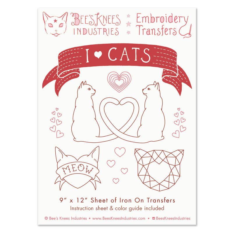 I Heart Cats iron-on embroidery transfers