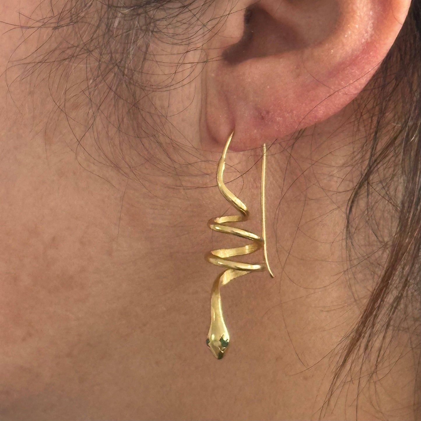 Pink Zircon Eyes | Gold Snake Hoop Earrings | Spiral Snake
