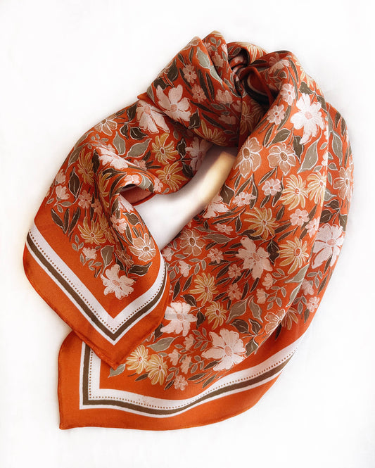 Scarf - Botanical Garden Floral Western - 100% Silk Bandana Scarf