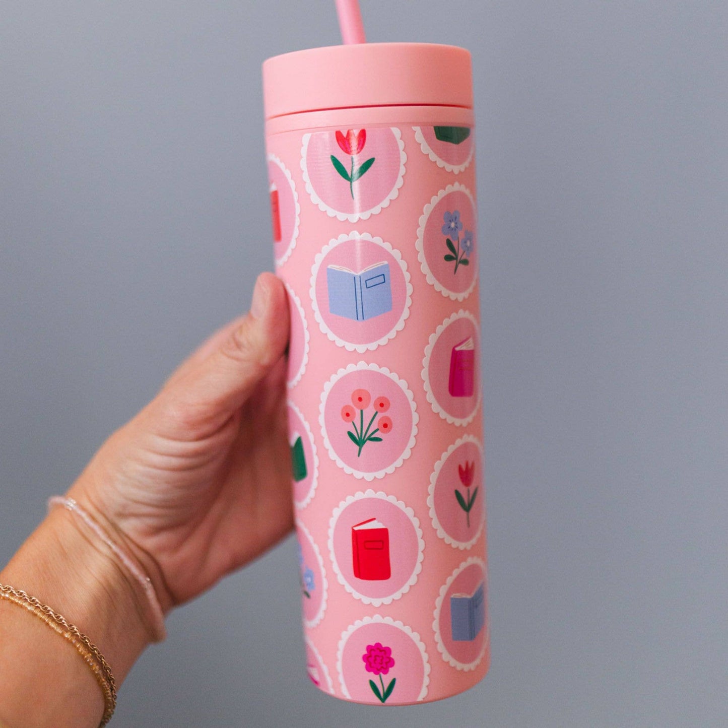 Book Lover Floral 16oz Skinny Acrylic Tumbler - Pink
