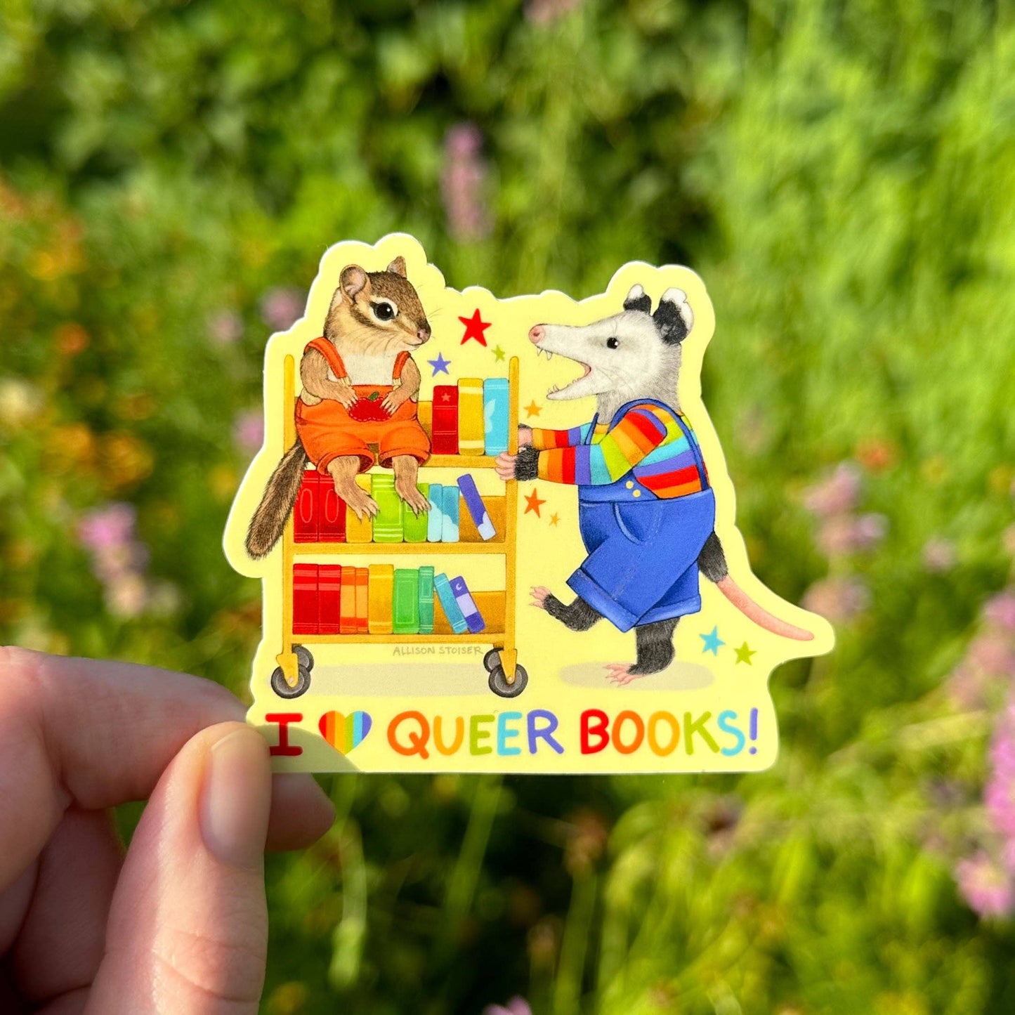 I ❤️ Queer Books Opossum and Chipmunk Weatherproof Vinyl Pride Sticker
