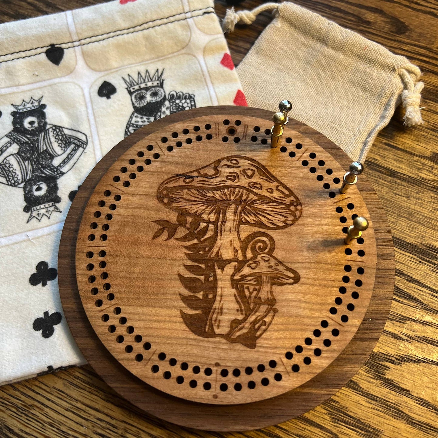 Mushroom Florals Cribbage Board with Drawstring Bag