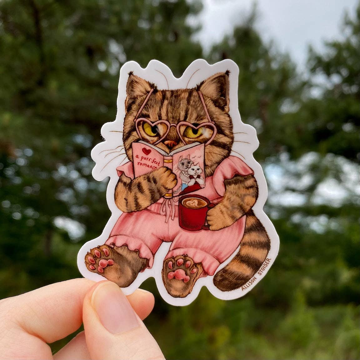 Romance-Loving Bookish Tabby Cat Weatherproof Vinyl Sticker