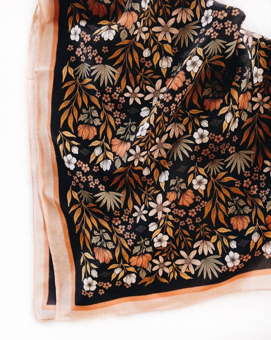 Midnight Garden Floral 100% Silk Bandana Scarf