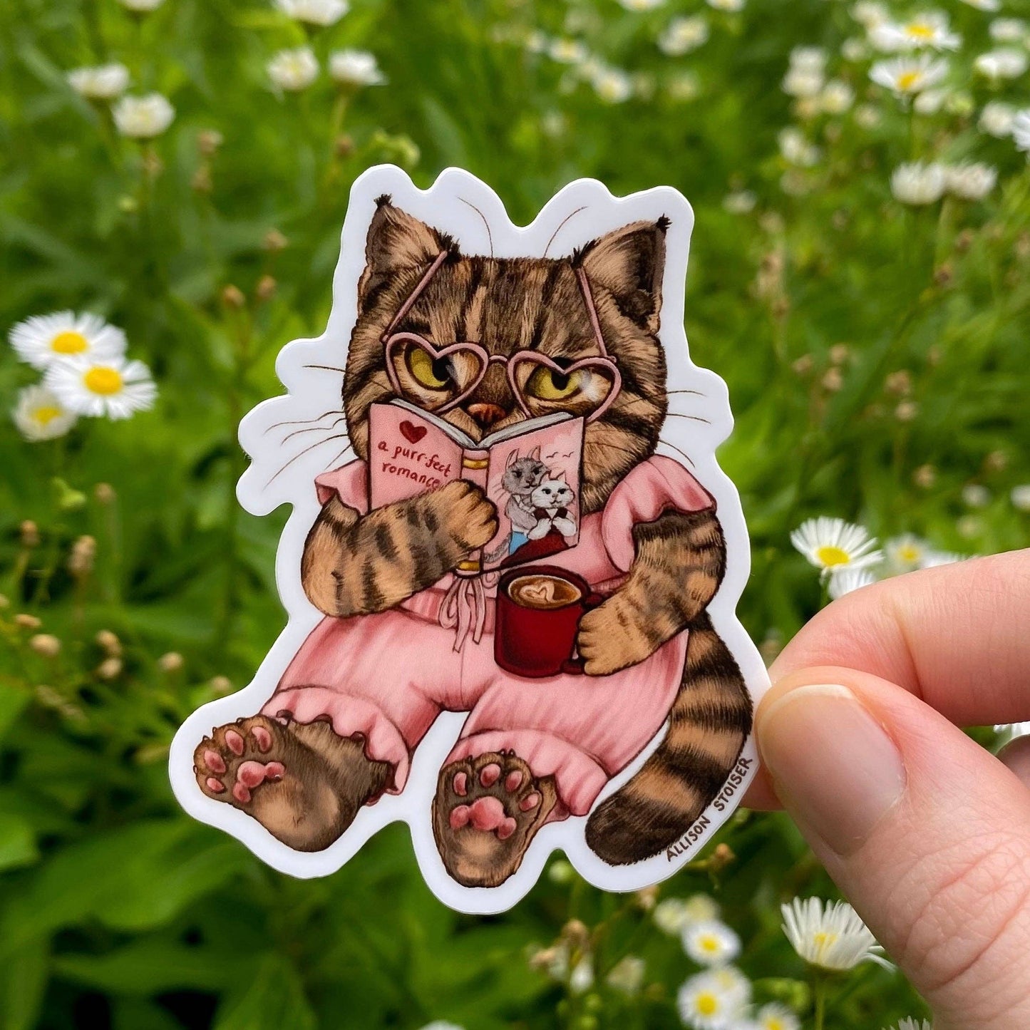 Romance-Loving Bookish Tabby Cat Weatherproof Vinyl Sticker