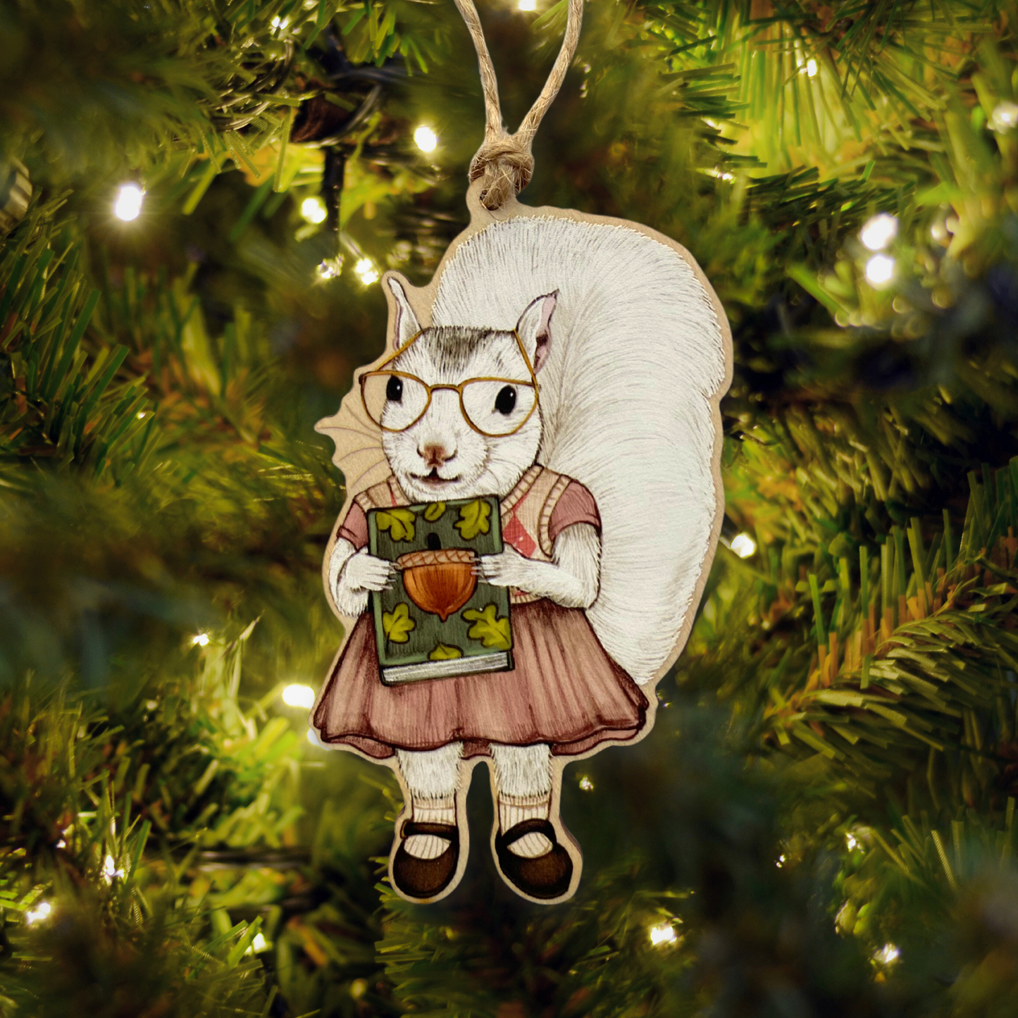 Bookish White Squirrel Wood Print Ornament