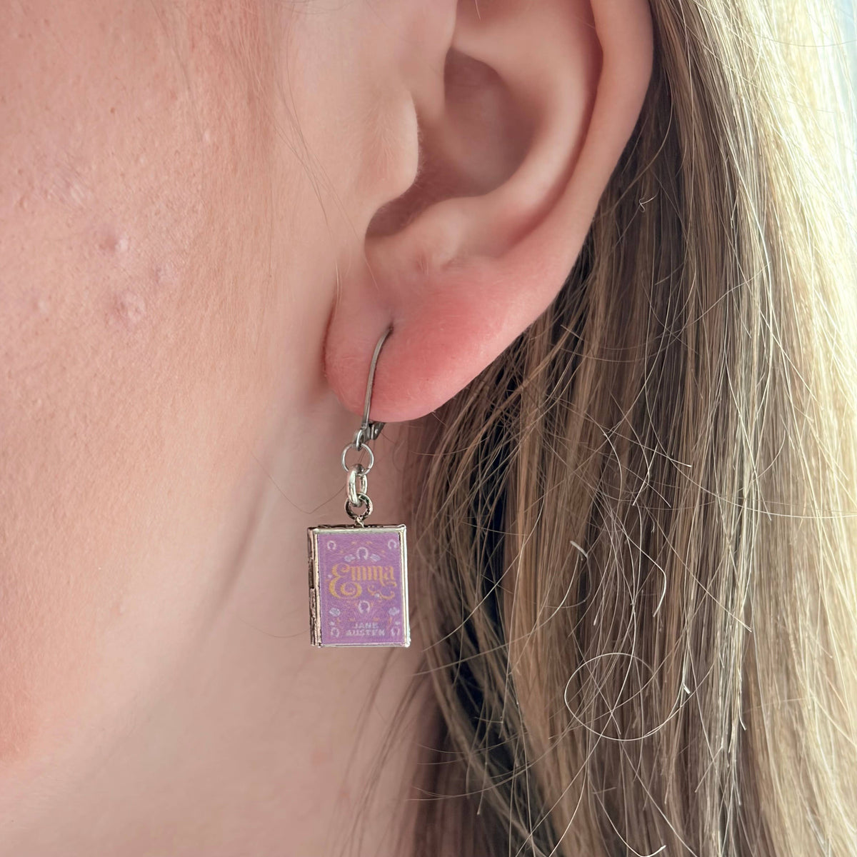 Book Locket Dangle Earrings - Emma - Lilac