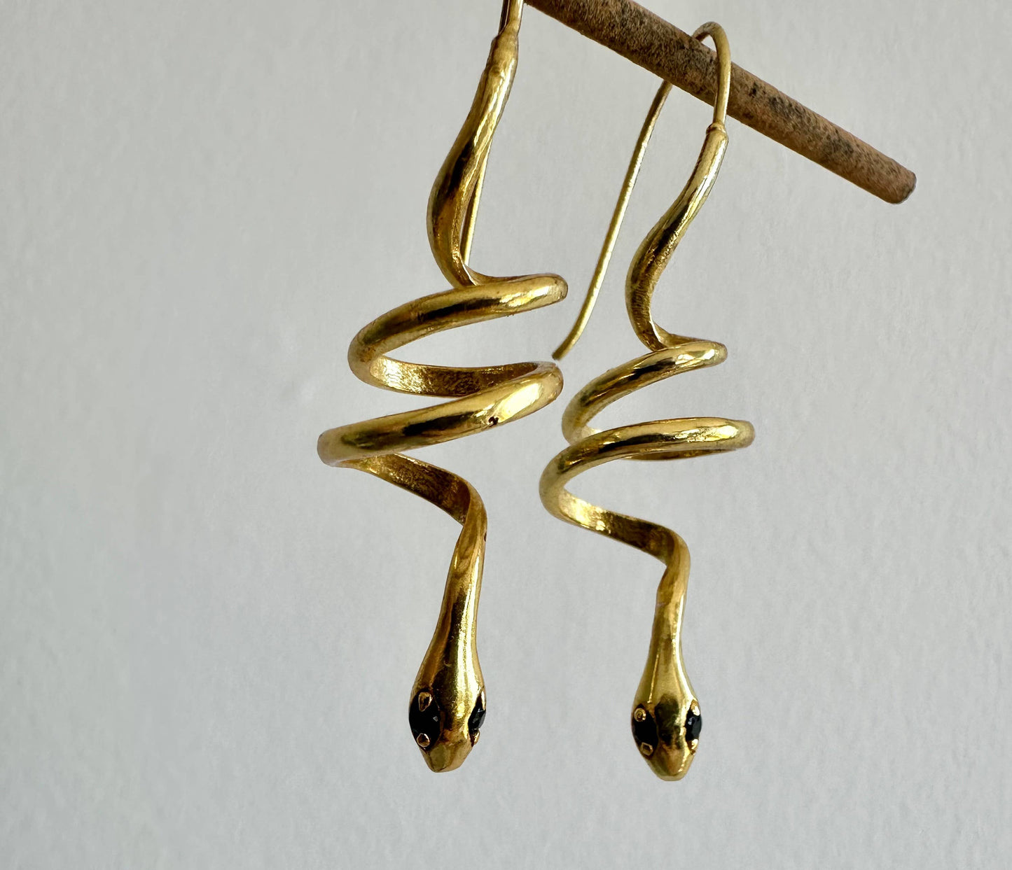 Pink Zircon Eyes | Gold Snake Hoop Earrings | Spiral Snake