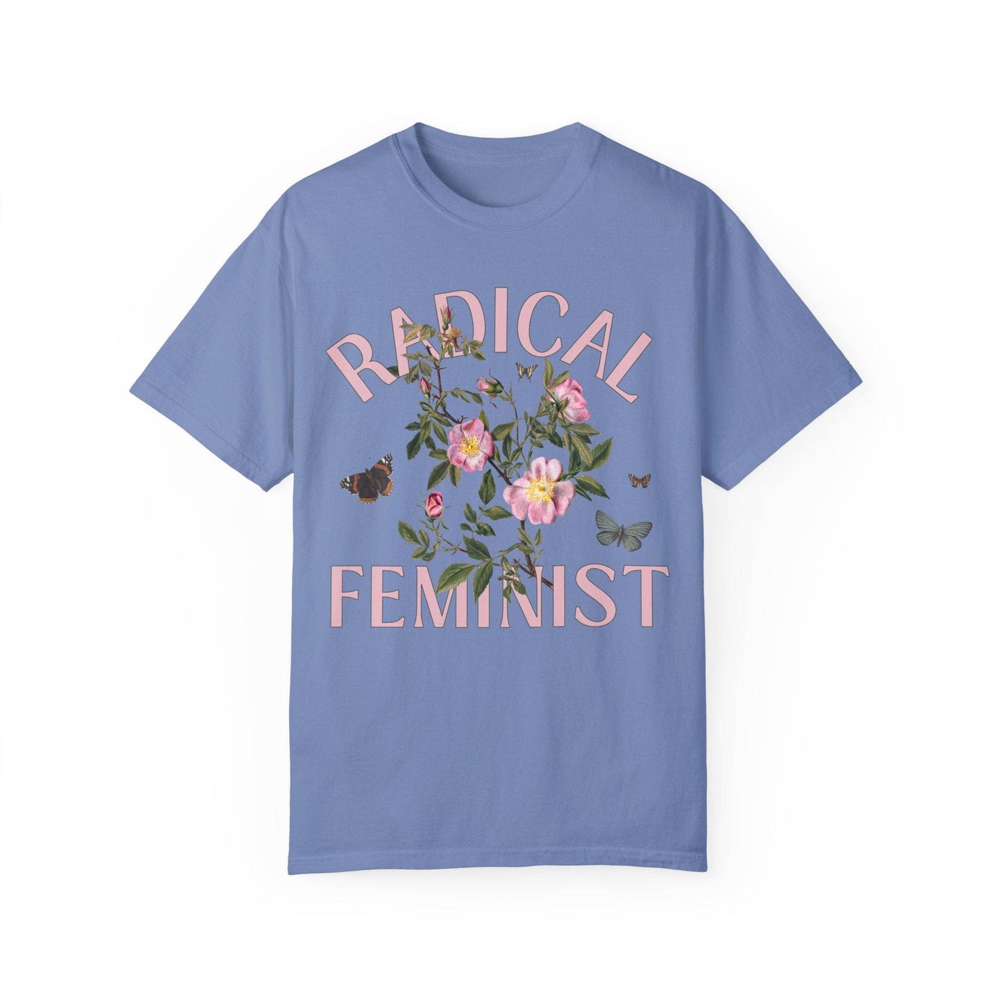 Vintage Aesthetic Shirt with Butterflies: Radical Feminist | Kitschy Eclectic Tee in Jewel Tones, Shirt for Radical Leftist, Retro Flowers