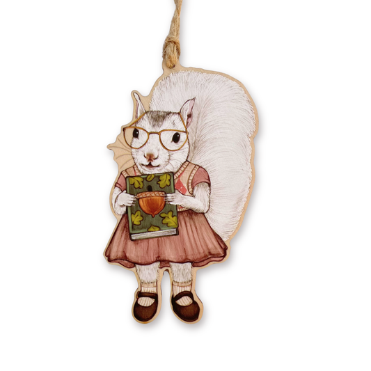 Bookish White Squirrel Wood Print Ornament